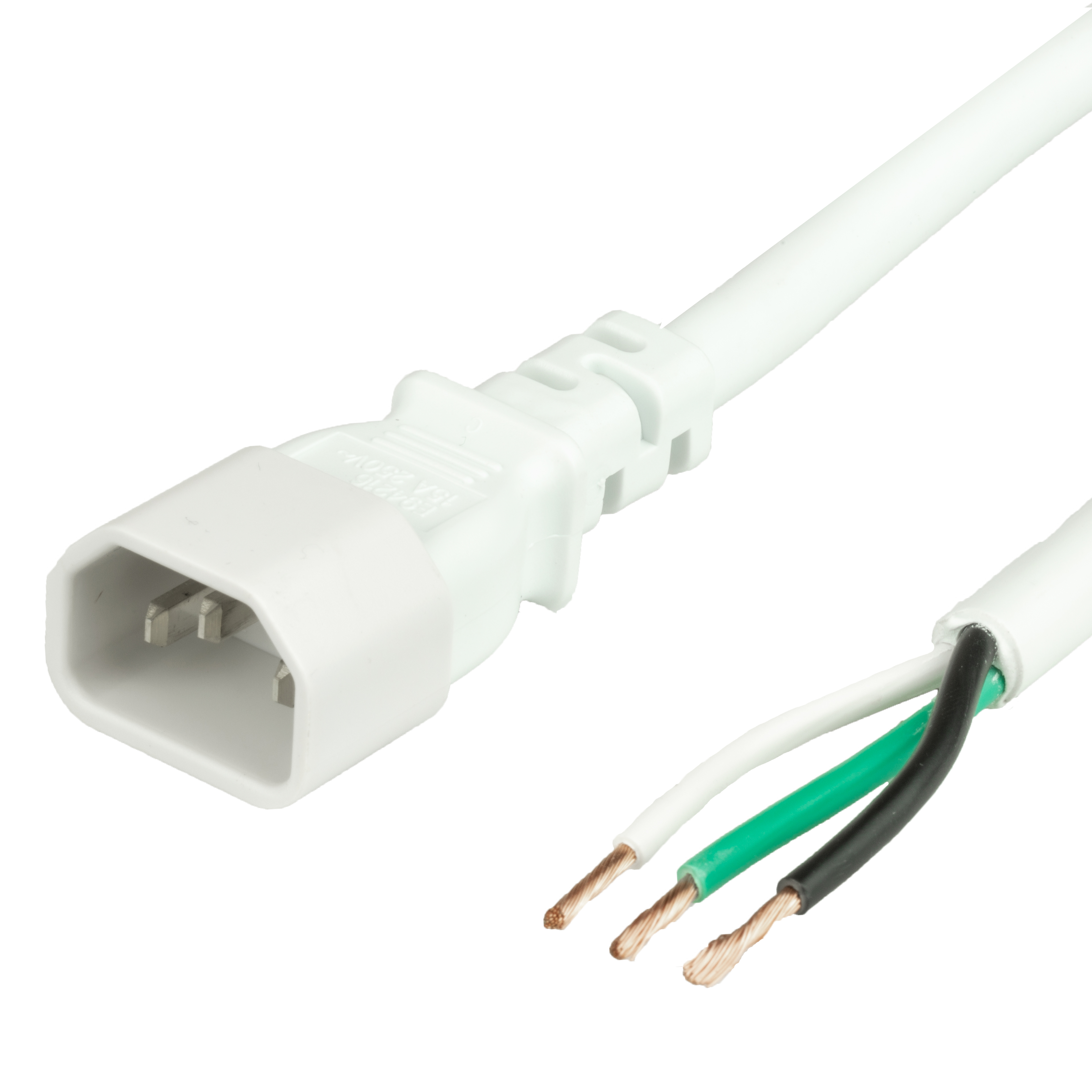 1FT IEC60320 C14 to OPEN (ROJ 50mm and Strip 6mm) 14awg SJT 105c WHITE