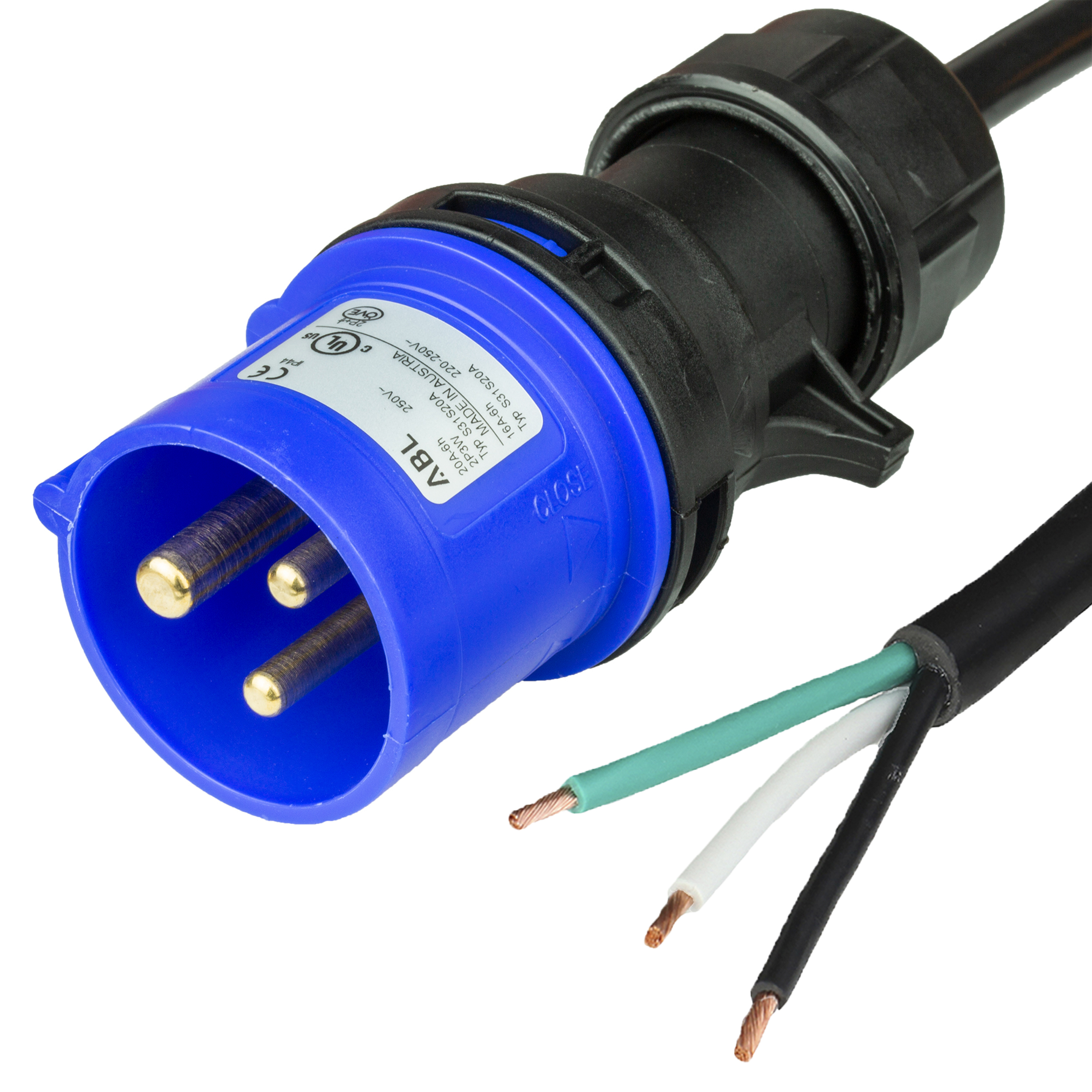 3FT (0.9m) IEC 60309 6H 2P+E BLUE PLUG to OPEN (2 in ROJ + 0.25 in Strip) 20A 250V UL CSA 12awg-3c (B/W/G) SJTOW 105c BLACK jacket Power Cord.