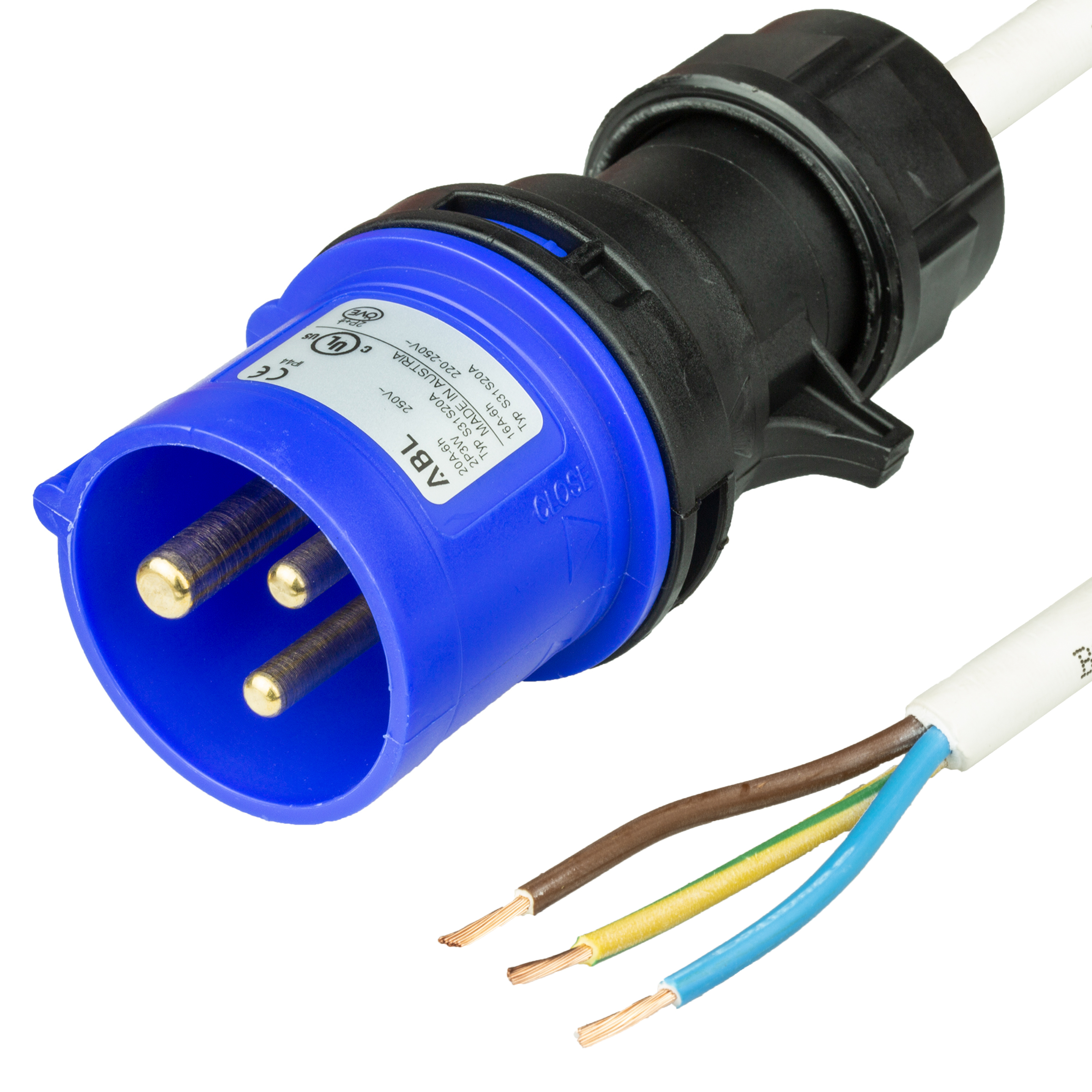 2m (6.6FT) IEC60309 6H 2P+E BLUE PLUG to OPEN 1.5mm2 LSZH WHITE Cordage