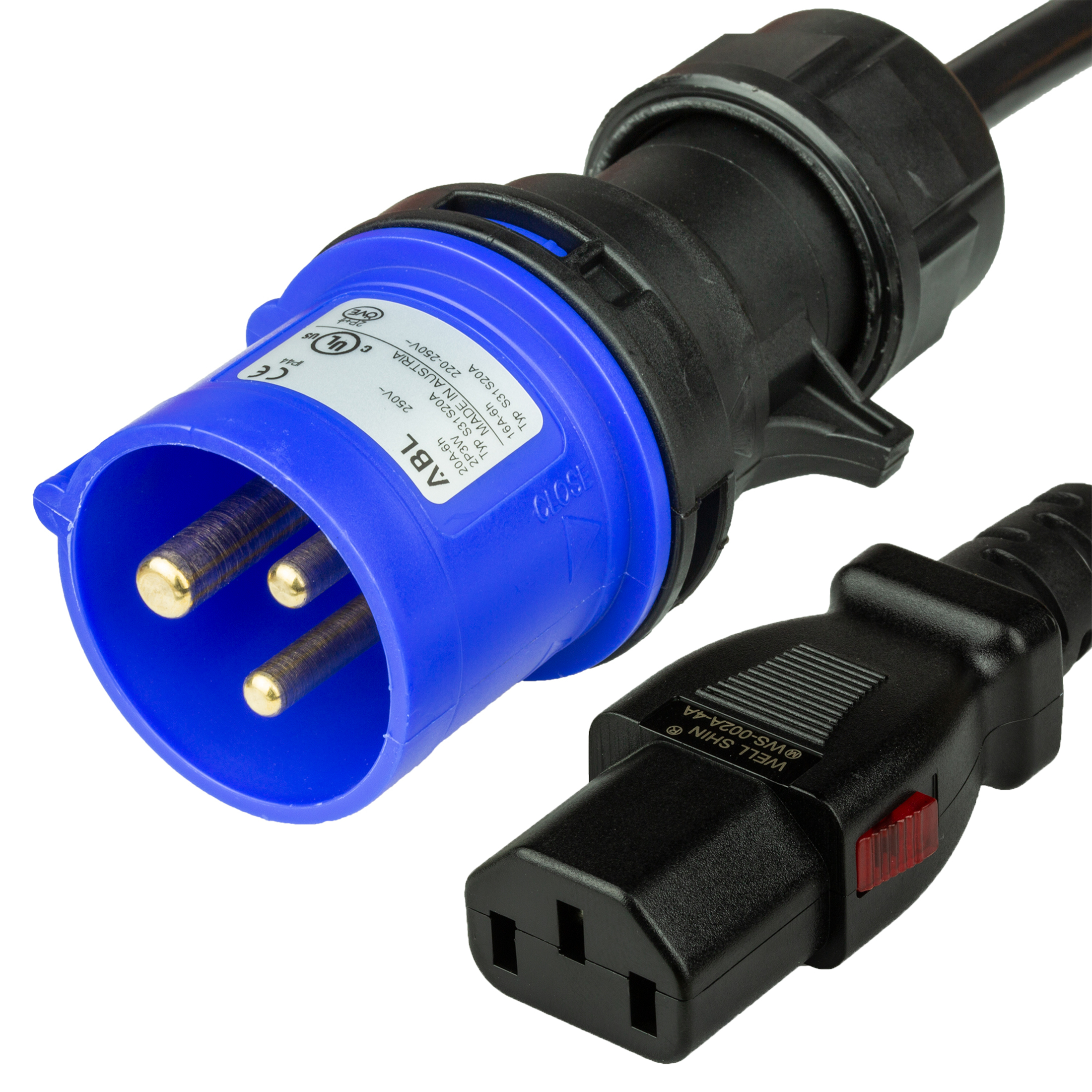 IEC 60309 320P6 2P+E 6H BLUE PLUG to C13 LOCKING 15A 250V 14awg SJT cULus North America Power Cord