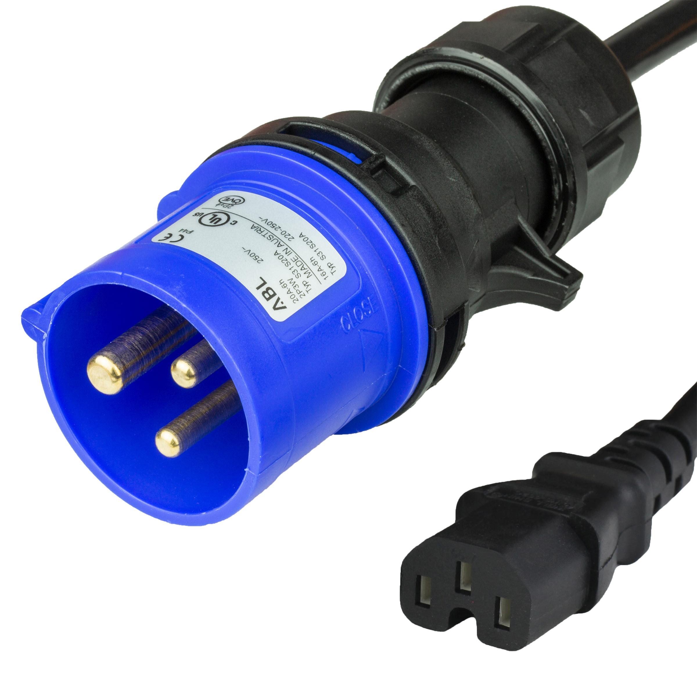 Black IEC 60309 2P+E Splashproof BLUE 320P6 to C15 cULus North America 15A 250V BLACK cordage Power Cord