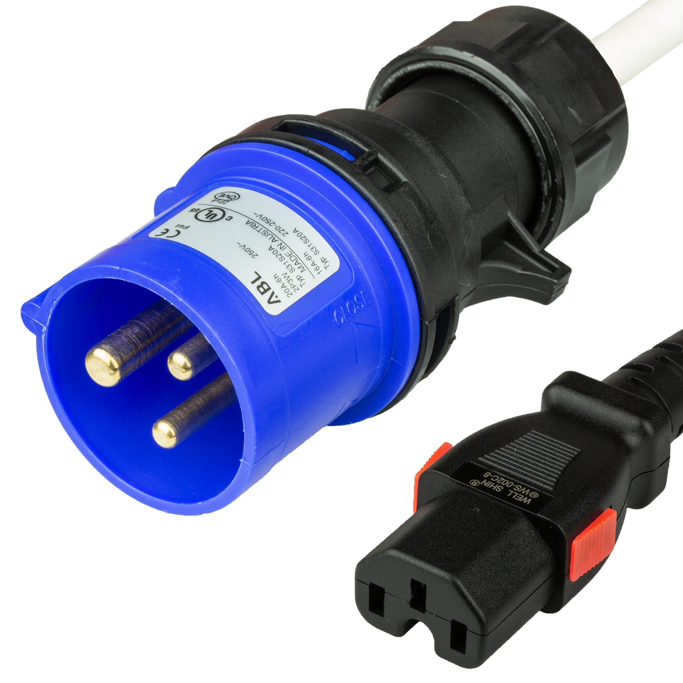 12FT (3.6m) IEC 60309 6H 2P+E Splashproof BLUE PLUG to C15 LOCKING 15A 250V WHITE cordage