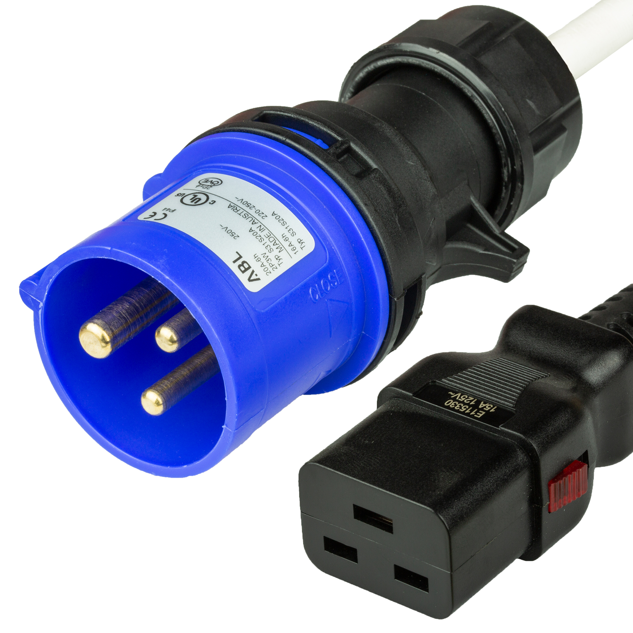 IEC 60309 320P6 2P+E 6H BLUE Plug to C19 LOCKING cULus North America 14awg SJT White cordage
