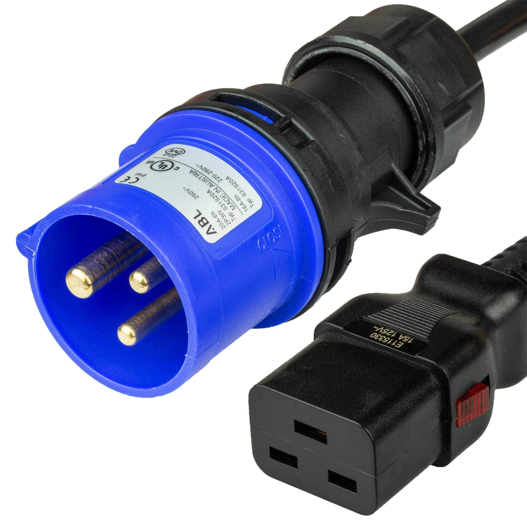 IEC 60309 320P6 2P+E 6H BLUE PLUG to C19 LOCKING cULus North America 15A 250V 14awg SJT BLACK cordage Power Cord