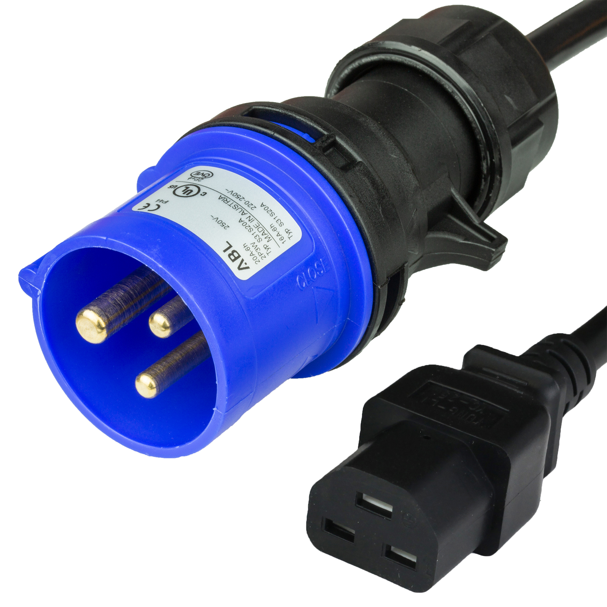 IEC 60309 320P6 2P+E 6H BLUE PLUG to IEC60320 C21 20A 250V 12awg-3c SJT cUL North America