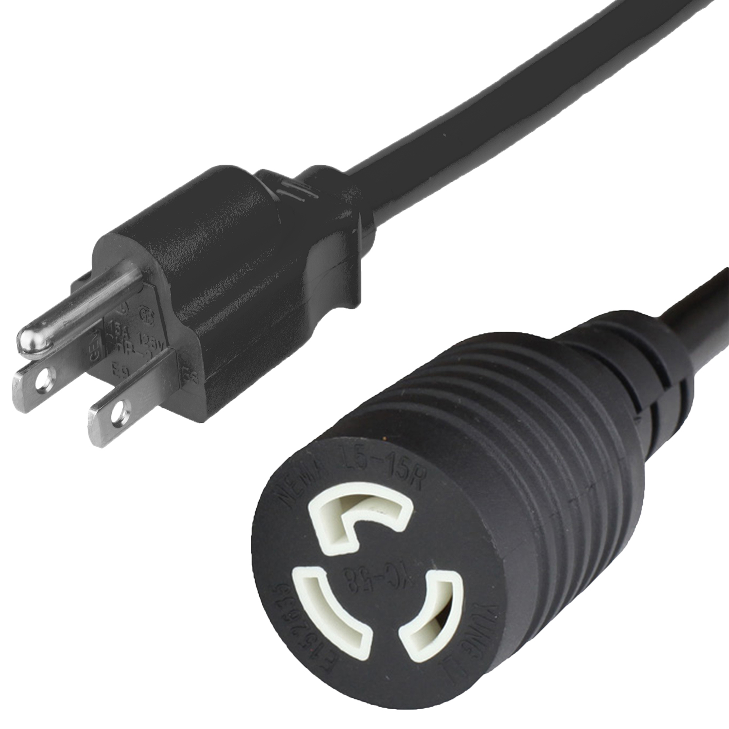 Black NEMA 5-15P to Locking L5-15R Straight to Locking Adapter Cords