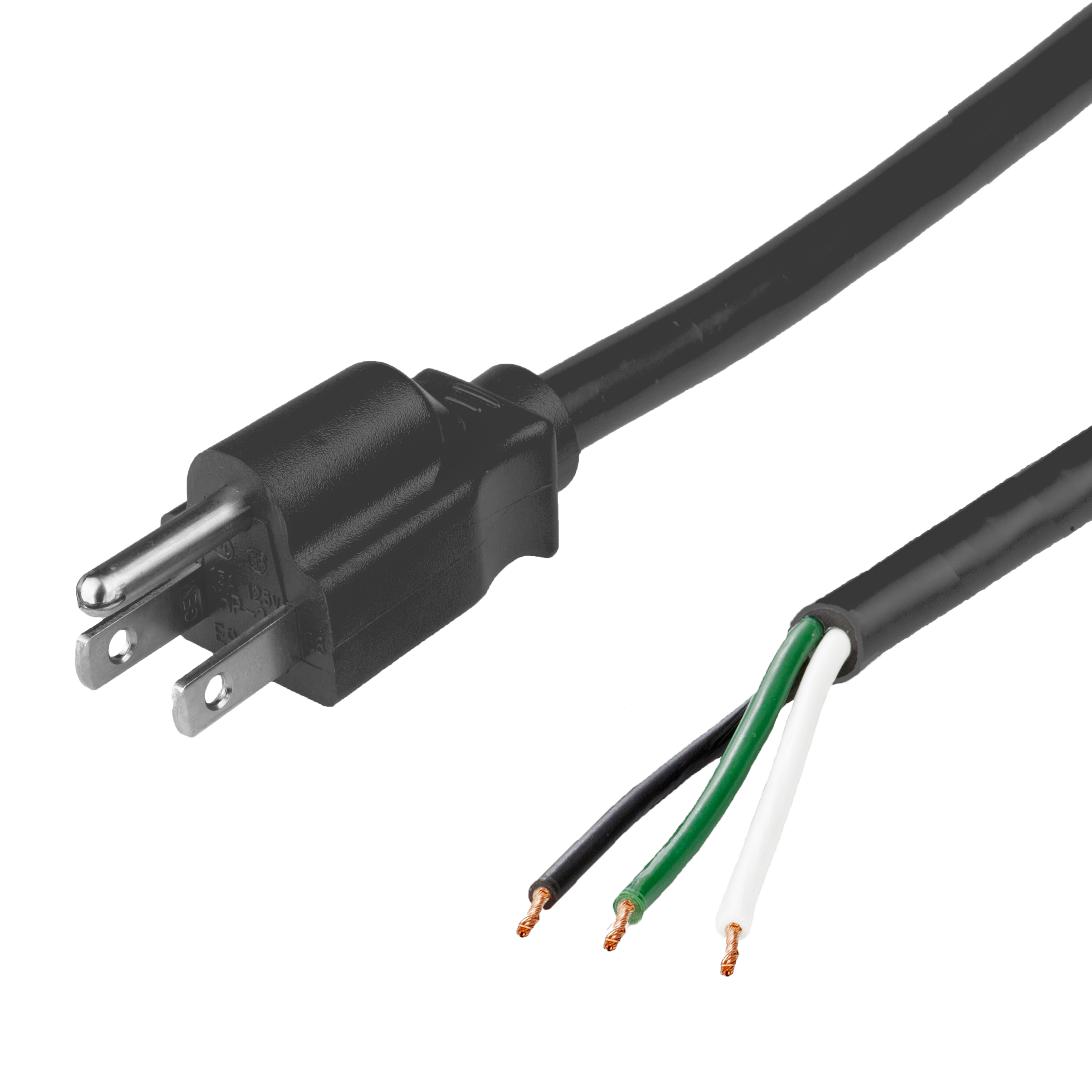 1FT Black 10A NEMA 5-15P to Open Power Cord (ROJ 2", Strip 1/4") 125V SJT Power Cord