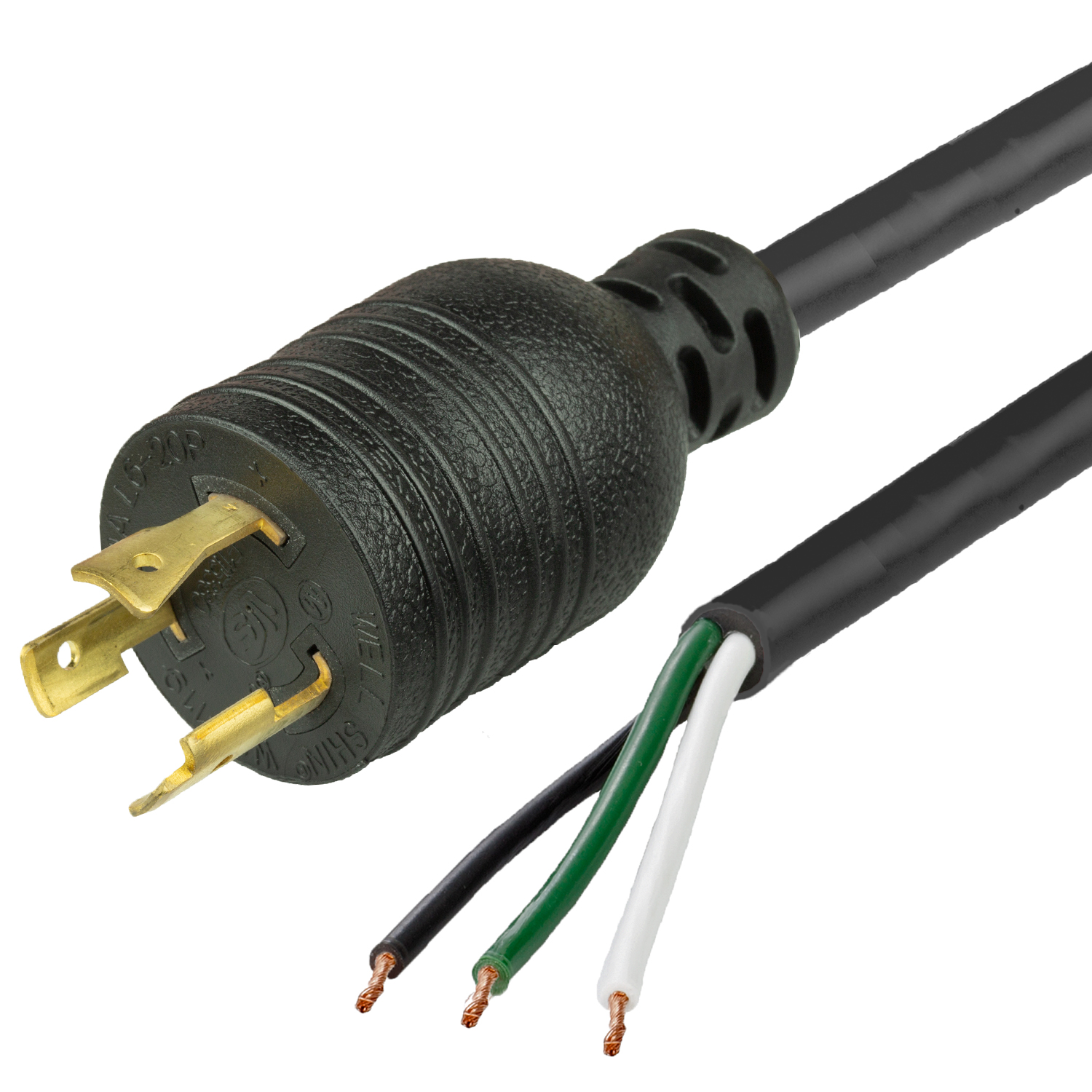 1FT L6-20P to OPEN 2in ROJ + 0.25in Strip 20A 250V 12awg BWG SJT Power Cord - BLACK