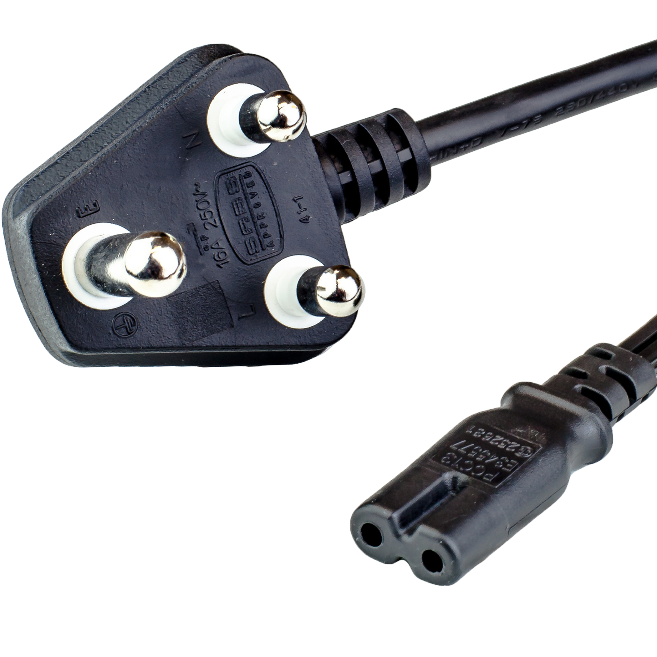 South Africa SANS 164-1 BS546 Down Angle Plug to IEC60320 C7 Power Cords