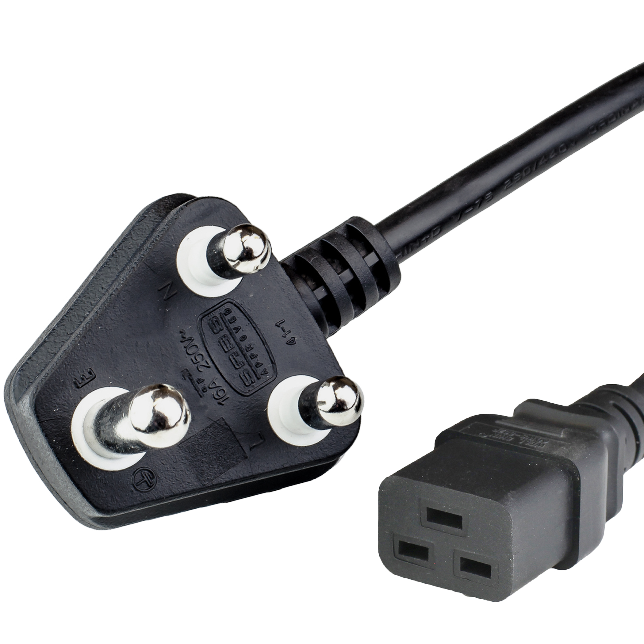 South Africa SANS 164-1 BS546 Down Angle Plug to IEC60320 C19 Power Cords