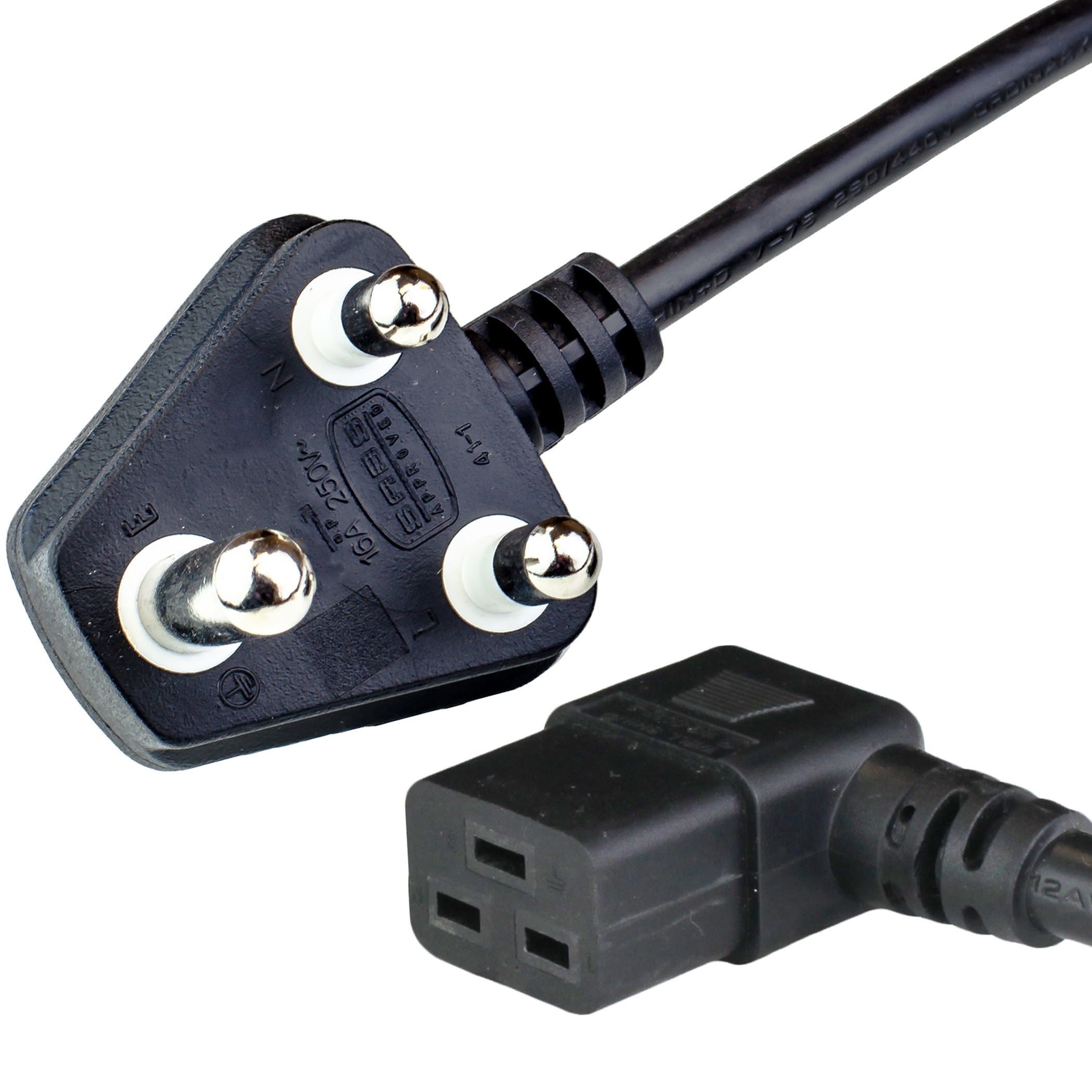 South Africa SANS 164-1 BS546 Down Angle Plug to Left Angle IEC60320 C19 Power Cords