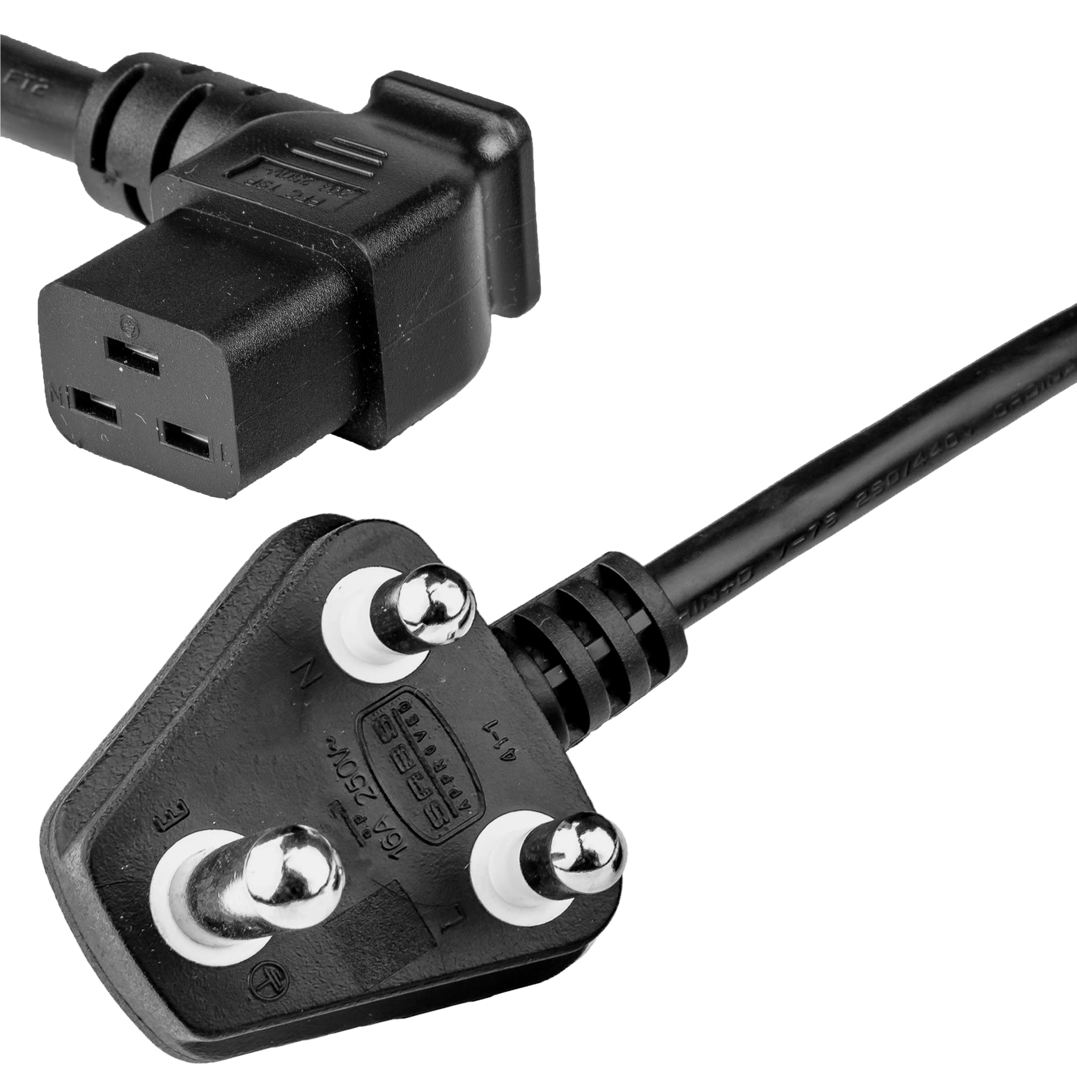 South Africa SANS 164-1 BS546 Down Angle Plug to Right Angle IEC60320 C19 Power Cords