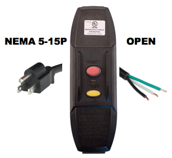 AUTOMATIC RESET - INLINE Style - NEMA 5-15P to OPEN GFCI Power Supply Cord