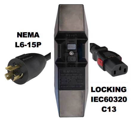 12FT NEMA L6-15P to Manual Reset In-Line GFCI to IEC60320 C13 LOCKING 15A 240V Power Cord - BLACK