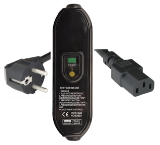 2.5m European Schuko CEE7/7 DOWN ANGLE Plug to In-Line RCD to IEC60320 C13 10A 250V 10mA Trip Level Power Cord - BLACK