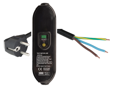 2.5m European Schuko CEE7/7 DOWN ANGLE Plug to In-Line RCD to OPEN 10A 250V 10mA Trip Level Power Cord - BLACK