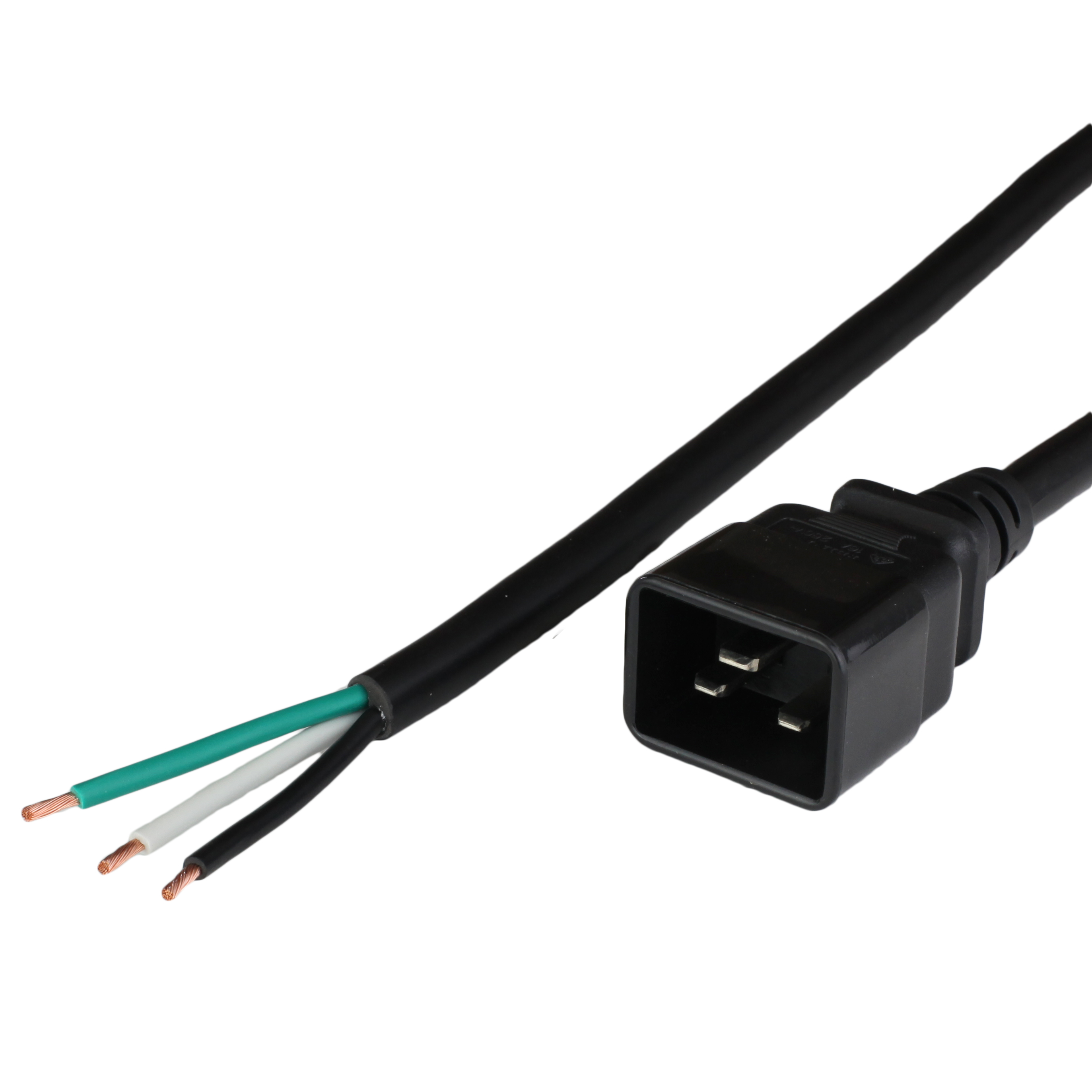<p>2FT IEC60320 C20 to OPEN (2in ROJ + 0.25in Strip) 12awg-3c (BL, WH, GR) SJT Power Cord - BLACK</p>