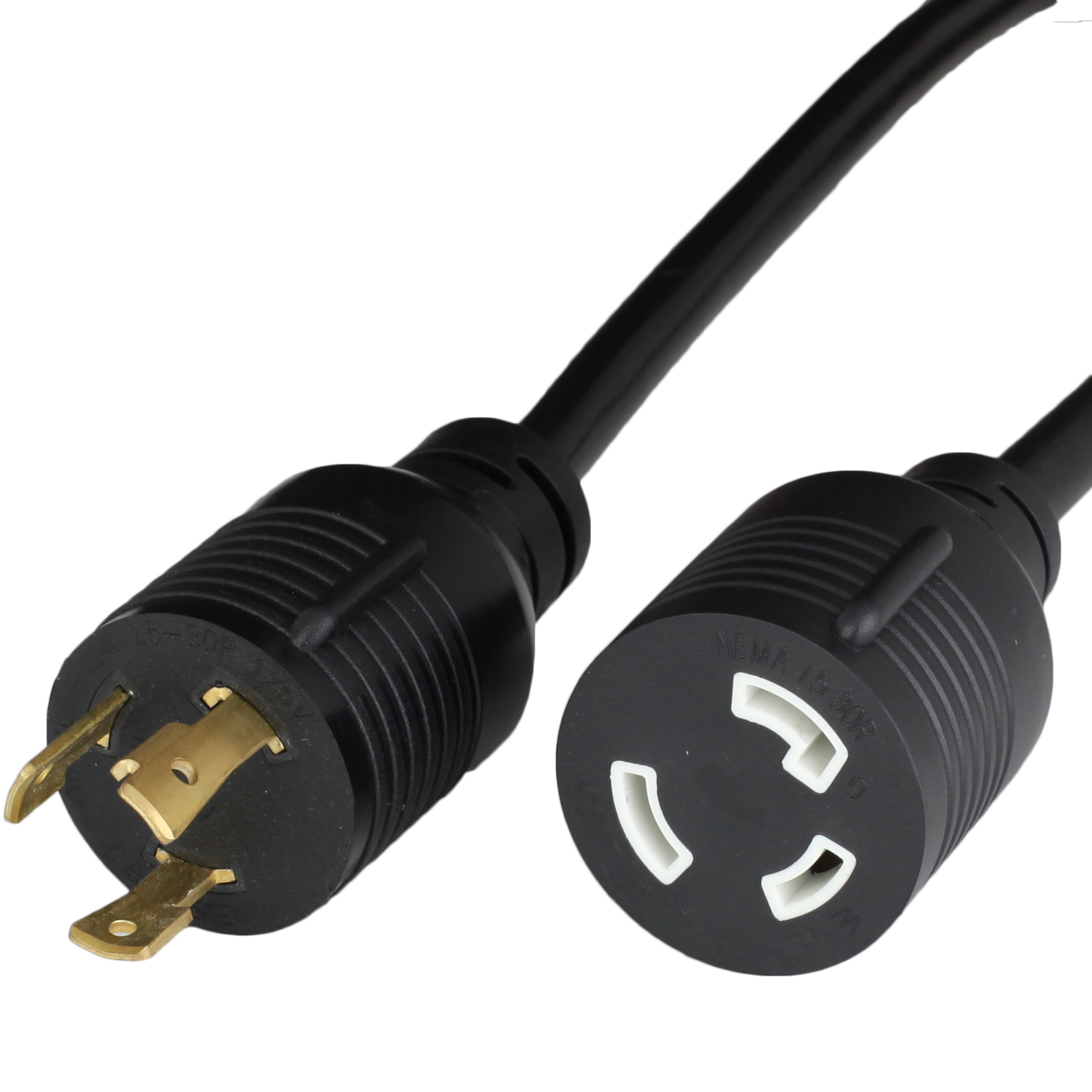 Black NEMA L5-30P Extension Cords rated for 125V and 30A.